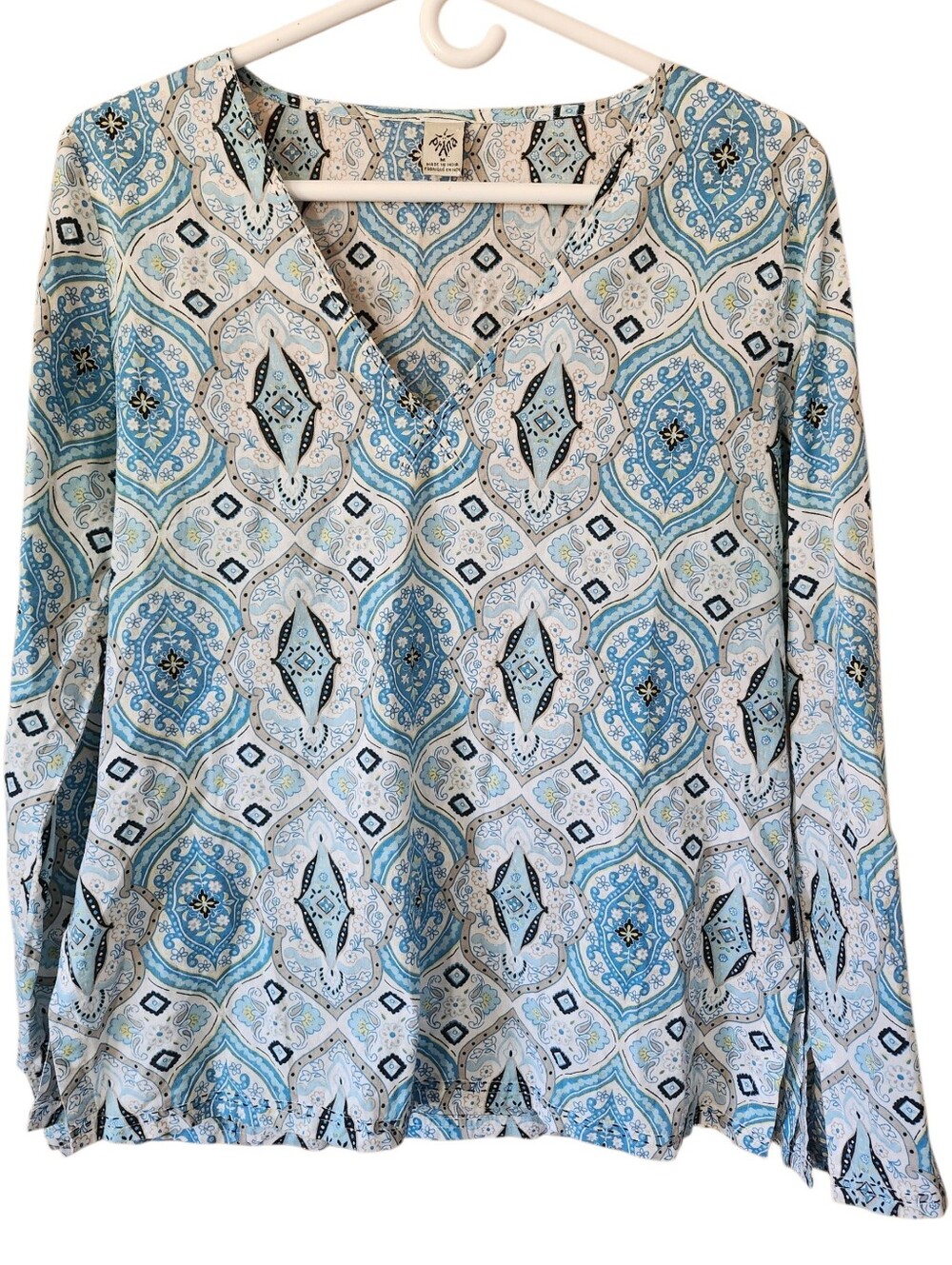 prAna Blue Paisley Medallion Boho Tunic Blouse Split V-Neck Long Sleeve Size M